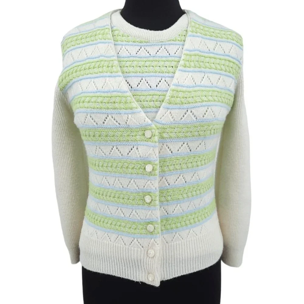 VTG 60s Wintuk Green Blue Stripe Sleeveless Knit Top Cardigan Twin Set Size S - Picture 2 of 9